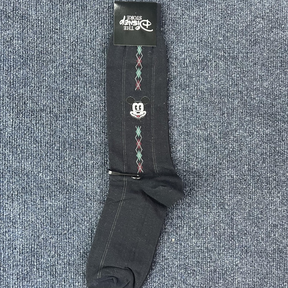 Disney Store Socks Mens One Size Black Mickey Mouse Argyle Crew Mid Calf